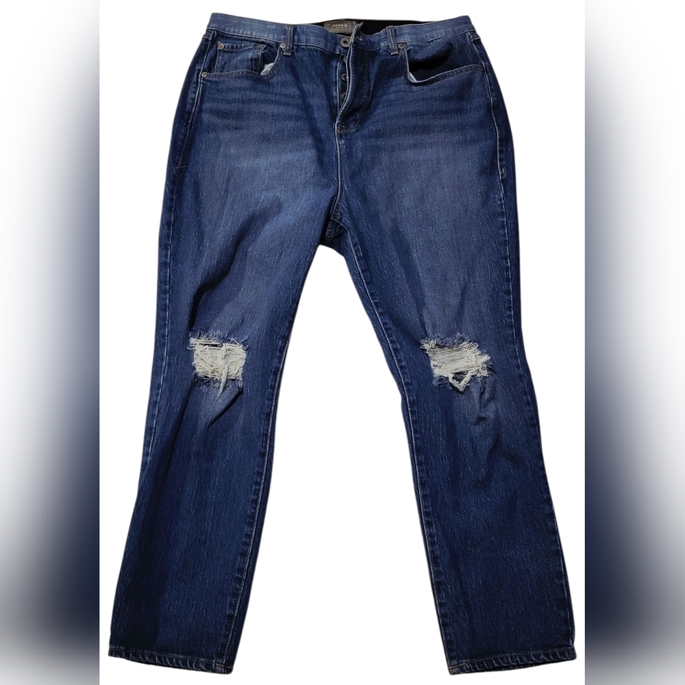 Torrid Button Up Blue Straight Leg Jeans with Distressed Knees 16T